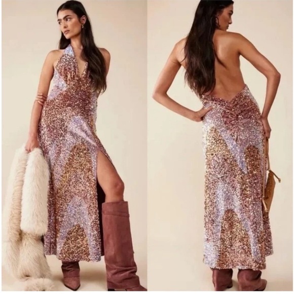 Free People Glitter & Gold Midi Halter Backless Slit Sequin Dress - Picture 2 of 5